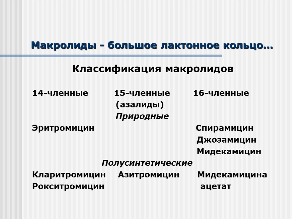 Макролиды - большое лактонное кольцо… Классификация макролидов 14-членные 15-членные 16-членные (азалиды) Природные Эритромицин Спирамицин